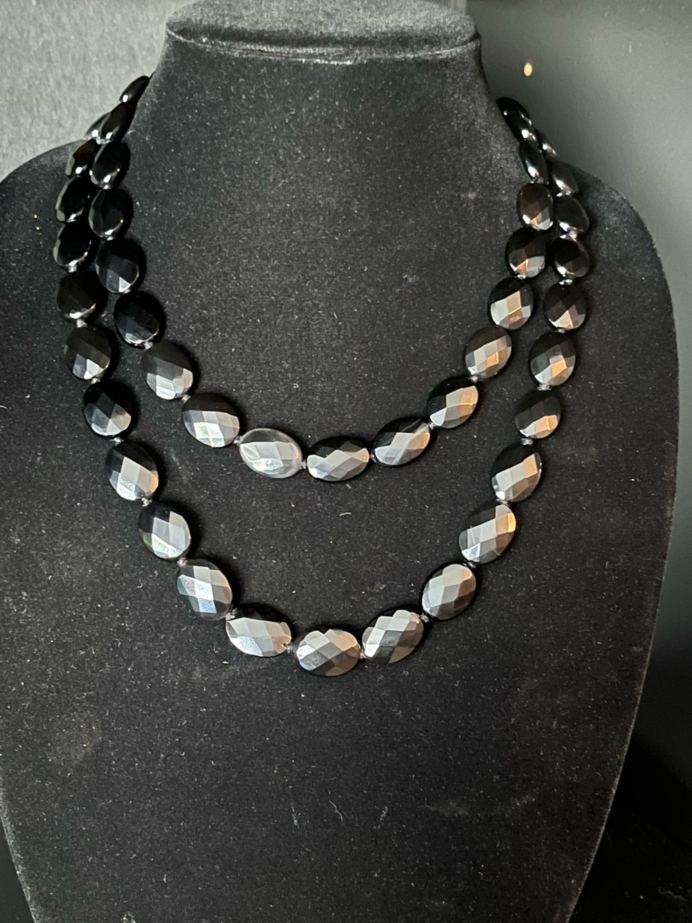 Black Faceted Oval Beaded Tied Necklace - 14k White Gold Lobster Clasp